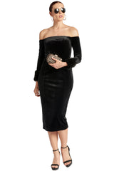 Joia Dress - Velvet off the shoulder long sleeve dress with faux fur