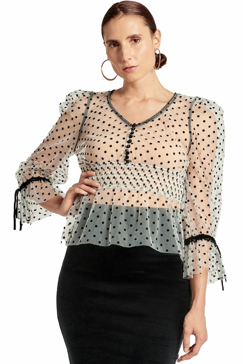 J'Lene Top - 3/4" Puff Sleeve Mesh Top With Flocked Polka Dots &-Peach Dionysus-S-Urbanheer
