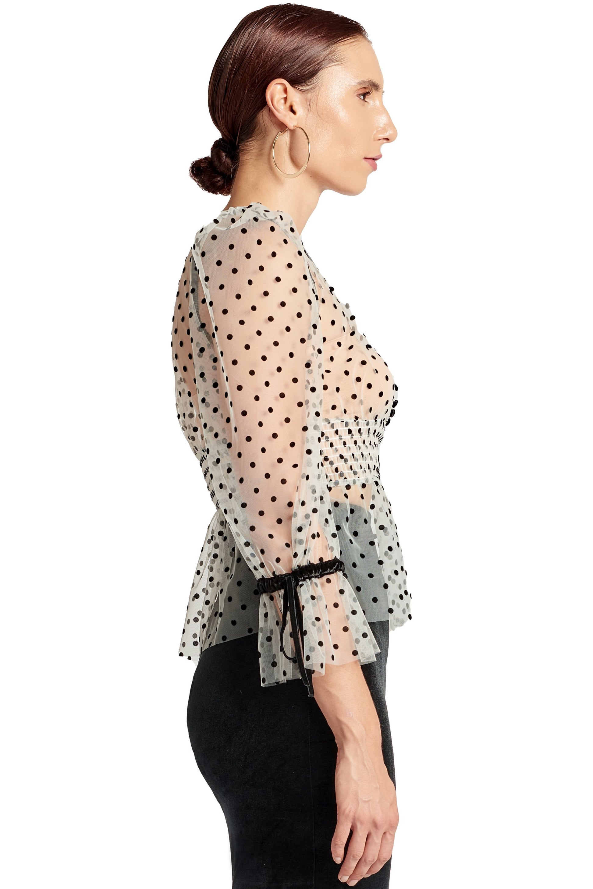 J'Lene Top - 3/4" Puff Sleeve Mesh Top With Flocked Polka Dots &-Peach Dionysus-L-Urbanheer