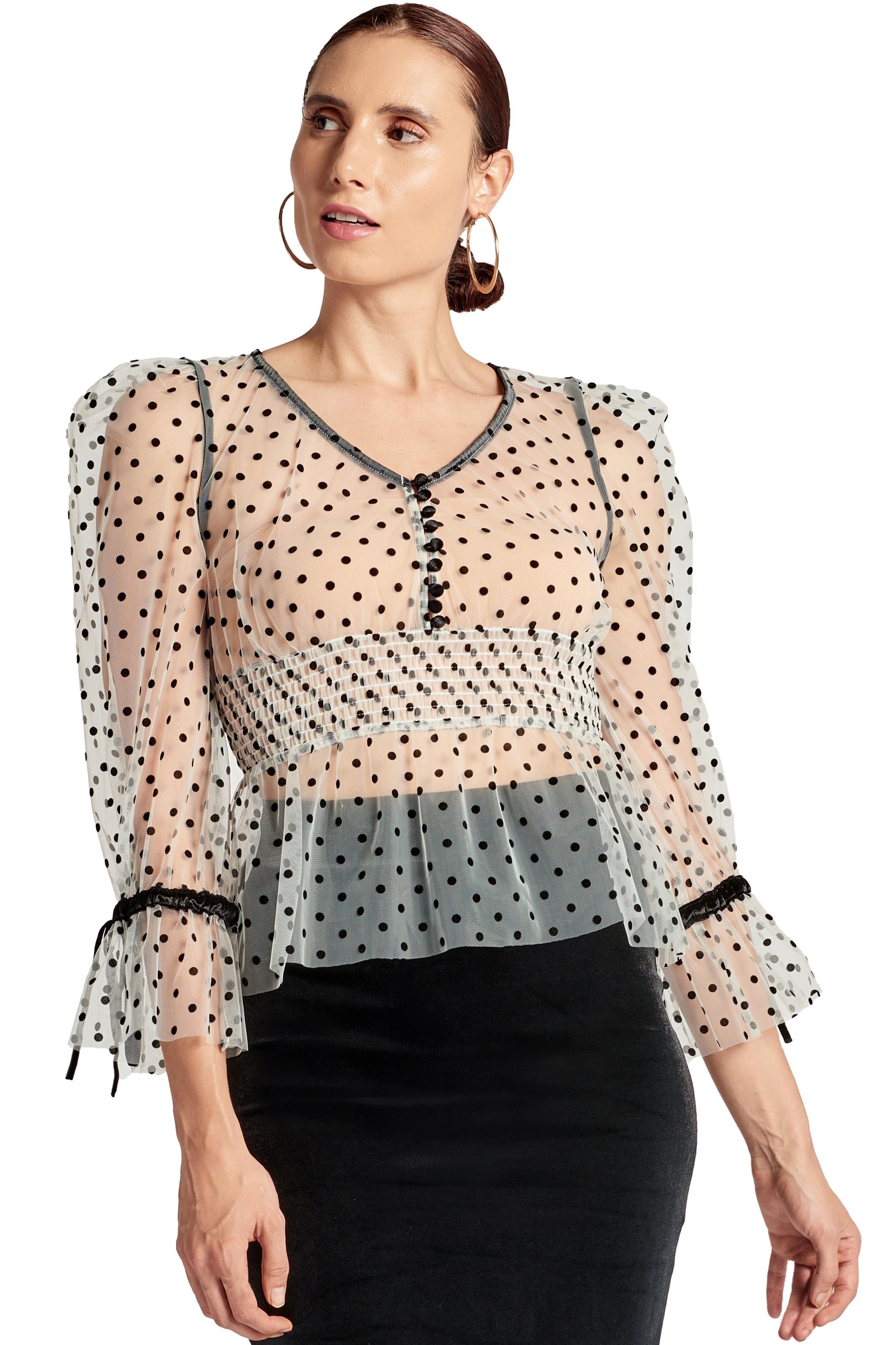 J'Lene Top - 3/4" Puff Sleeve Mesh Top With Flocked Polka Dots &-Peach Dionysus-L-Urbanheer