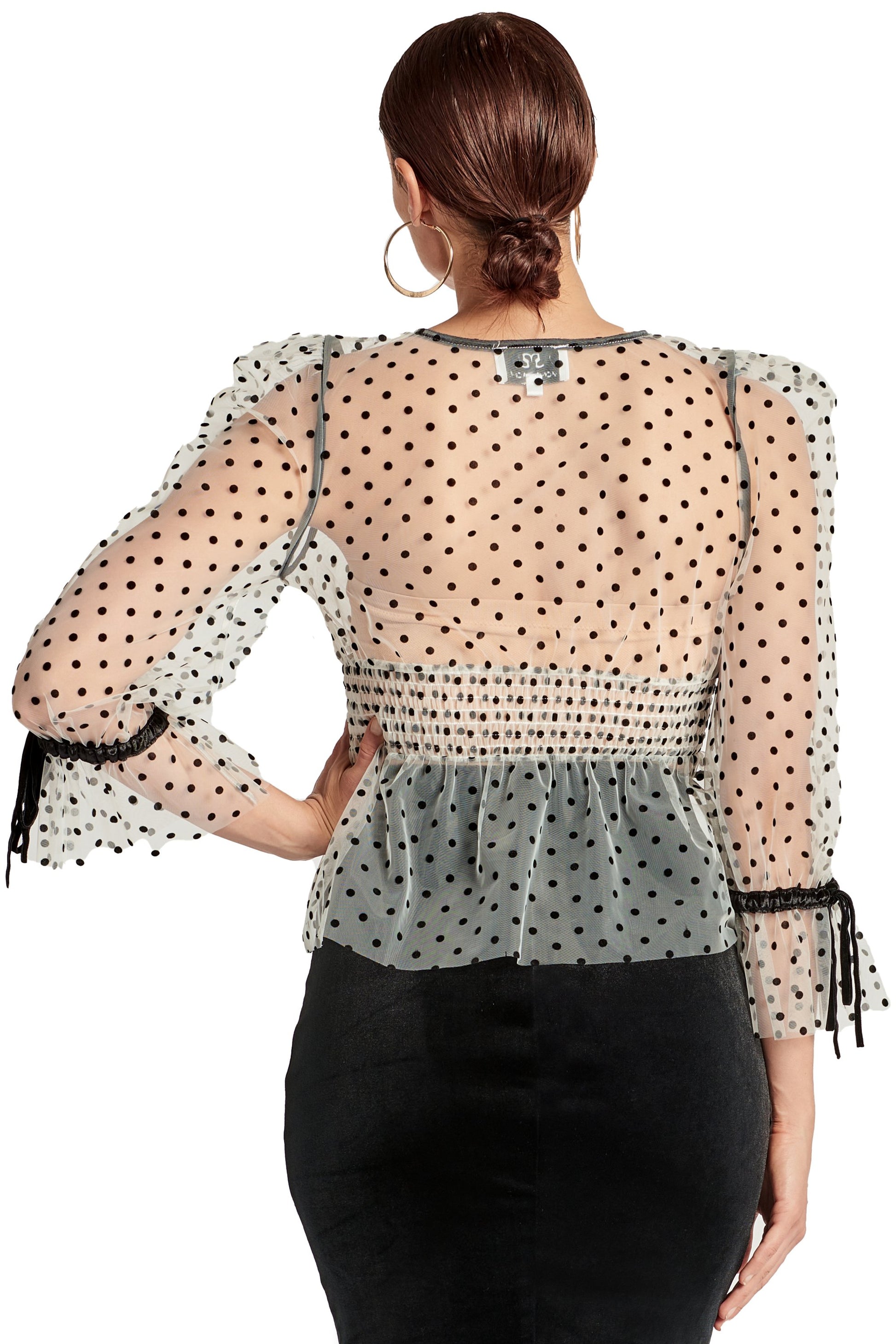 J'Lene Top - 3/4" Puff Sleeve Mesh Top With Flocked Polka Dots &-Peach Dionysus-L-Urbanheer