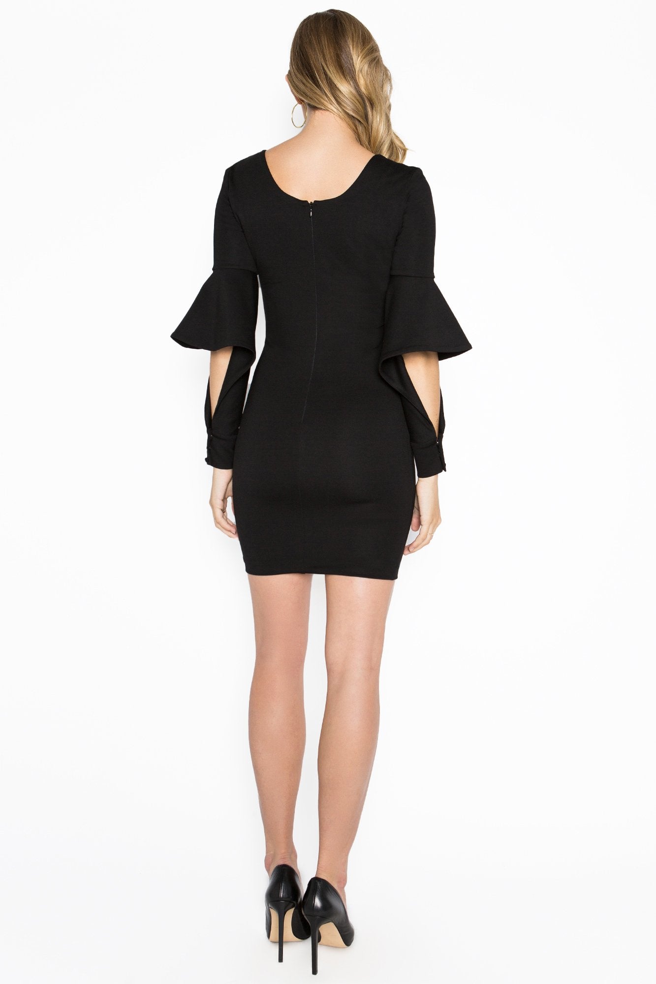 Jayla Dress - Mini body conscious dress with novelty cuffed bell-Simona Maghen-10-Black-Urbanheer
