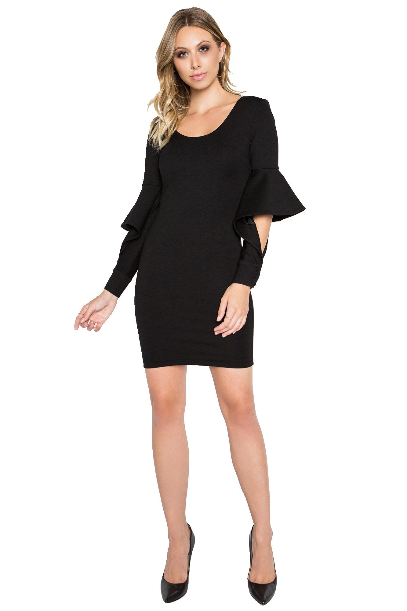 Jayla Dress - Mini body conscious dress with novelty cuffed bell-Simona Maghen-10-Black-Urbanheer