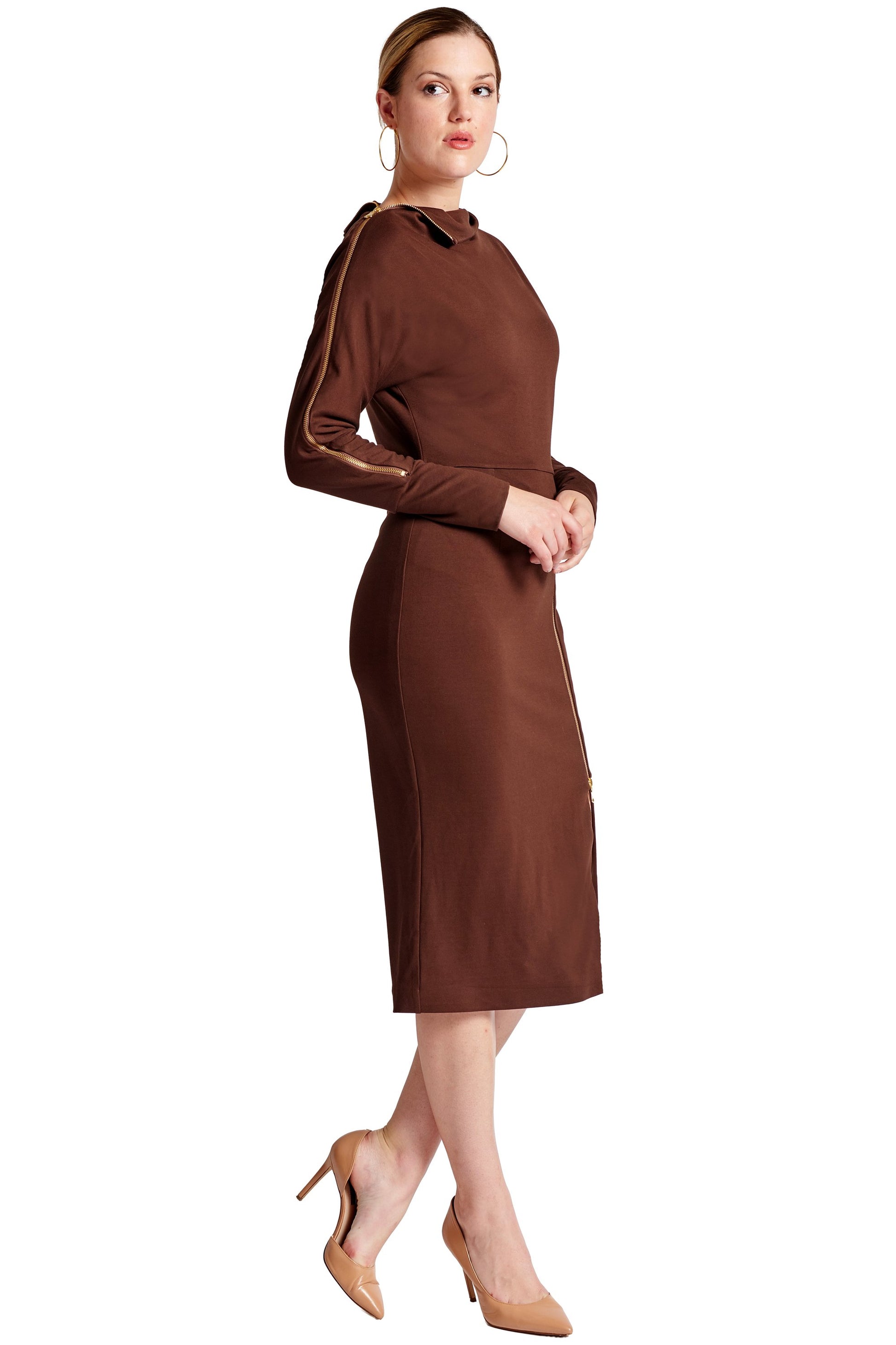 Josefa Asymmetric Dress - Long sleeve convertible midi dress adorned-Simona Maghen-10-Chocolate-Urbanheer