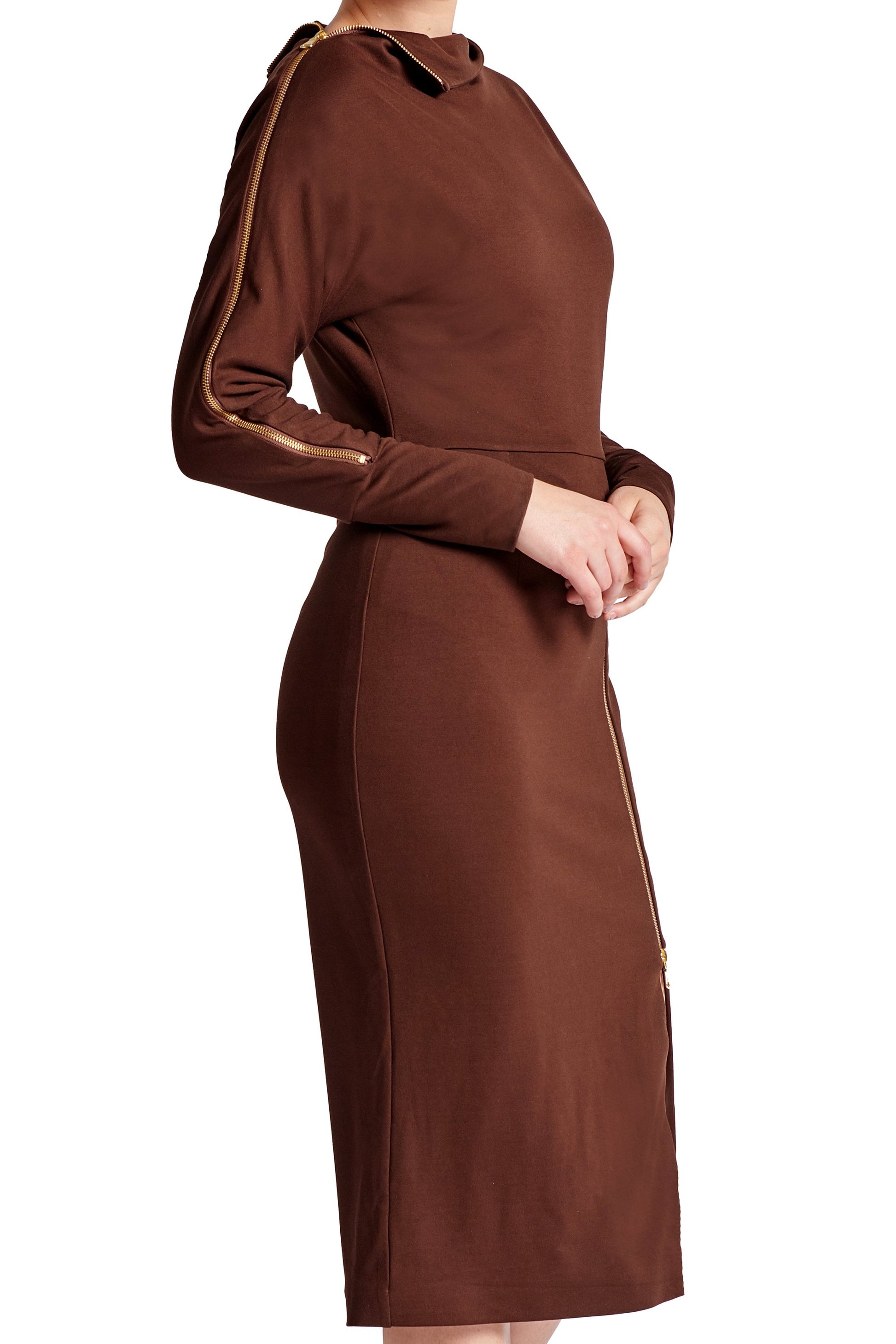 Josefa Asymmetric Dress - Long sleeve convertible midi dress adorned-Simona Maghen-10-Chocolate-Urbanheer