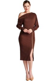 Josefa Asymmetric Dress - Long sleeve convertible midi dress adorned-Simona Maghen-10-Chocolate-Urbanheer