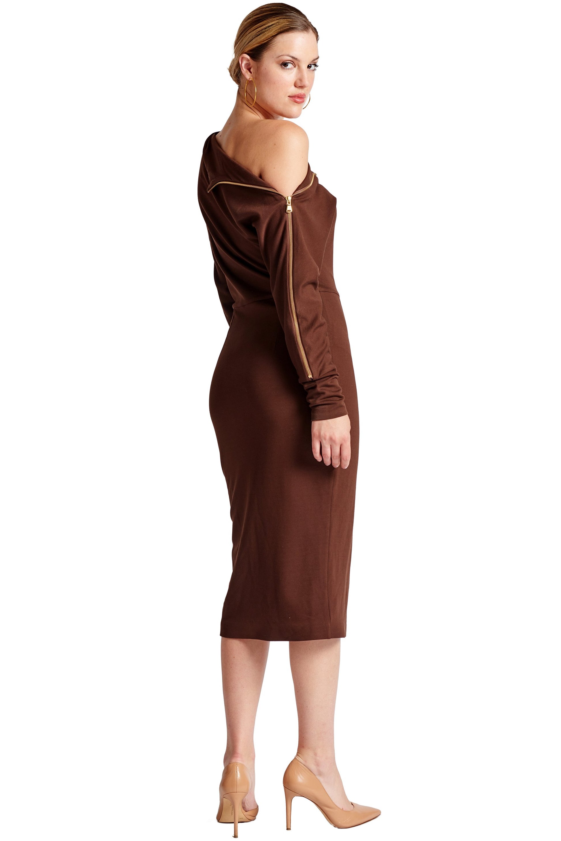 Josefa Asymmetric Dress - Long sleeve convertible midi dress adorned-Simona Maghen-10-Chocolate-Urbanheer