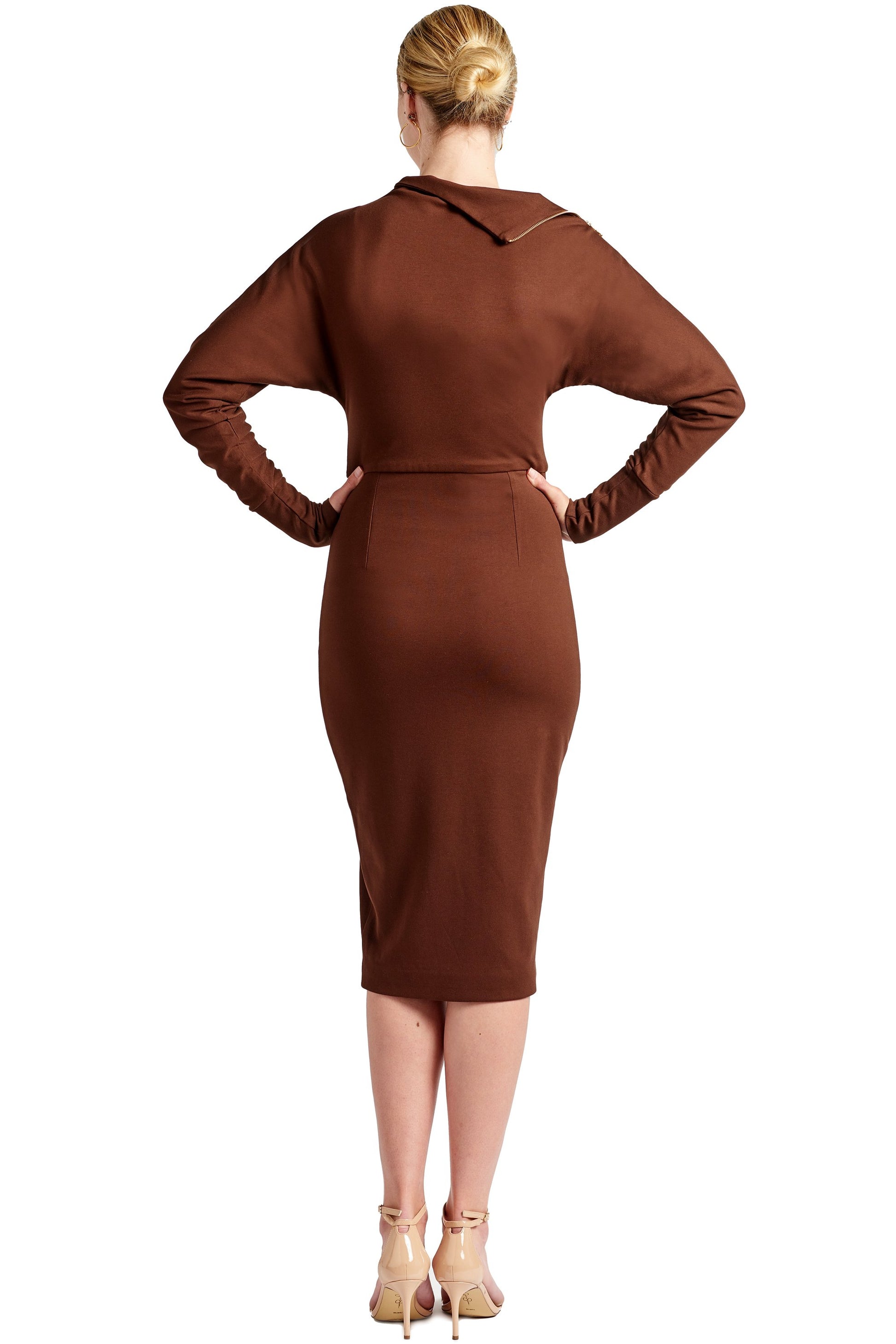Josefa Asymmetric Dress - Long sleeve convertible midi dress adorned-Simona Maghen-10-Chocolate-Urbanheer
