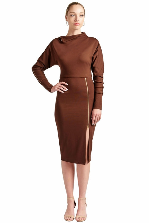 Josefa Asymmetric Dress - Long sleeve convertible midi dress adorned-Simona Maghen-4-Chocolate-Urbanheer