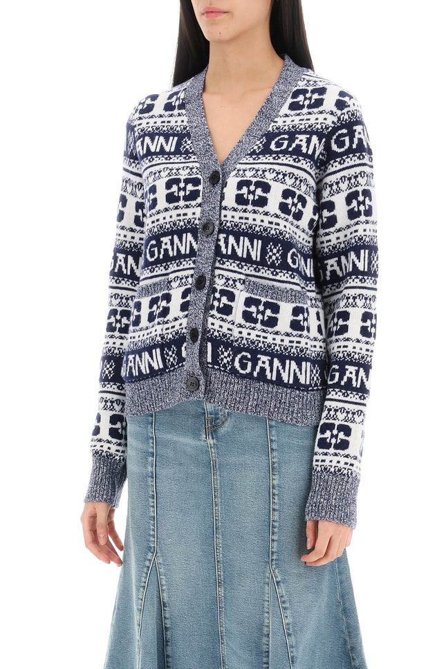 Ganni jacquard wool cardigan with logo pattern-Ganni-Urbanheer
