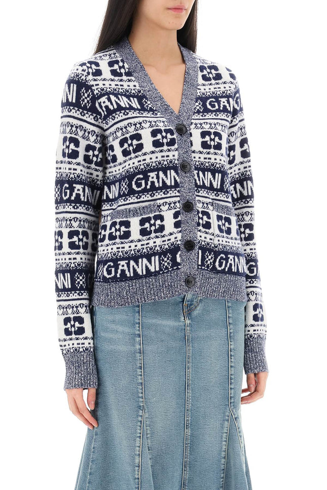 Ganni jacquard wool cardigan with logo pattern-Ganni-Urbanheer