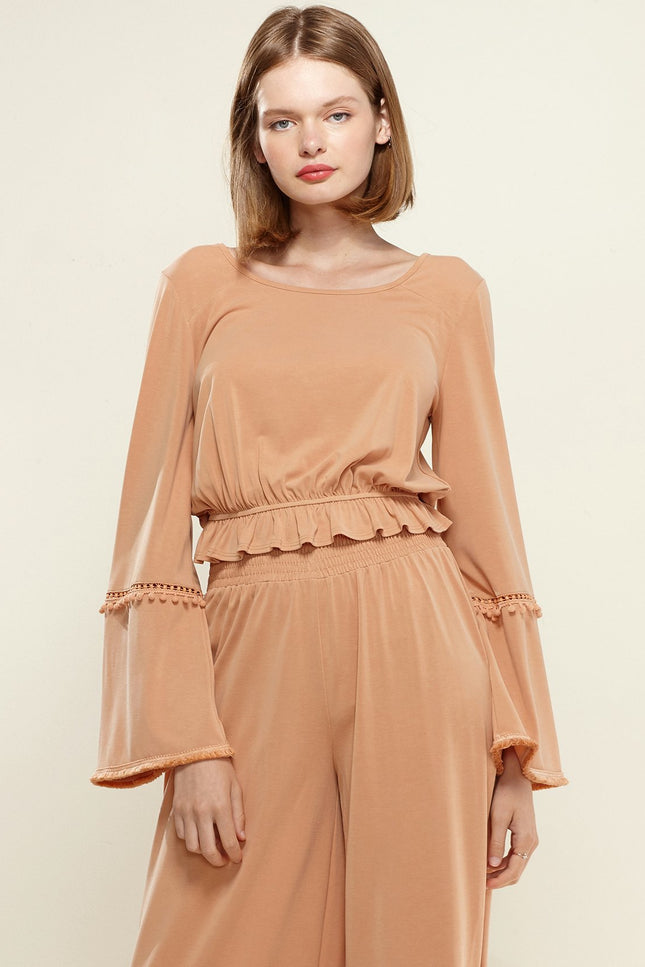 Women'S Fringe Cuff Bell Sleeve Top In Apricot