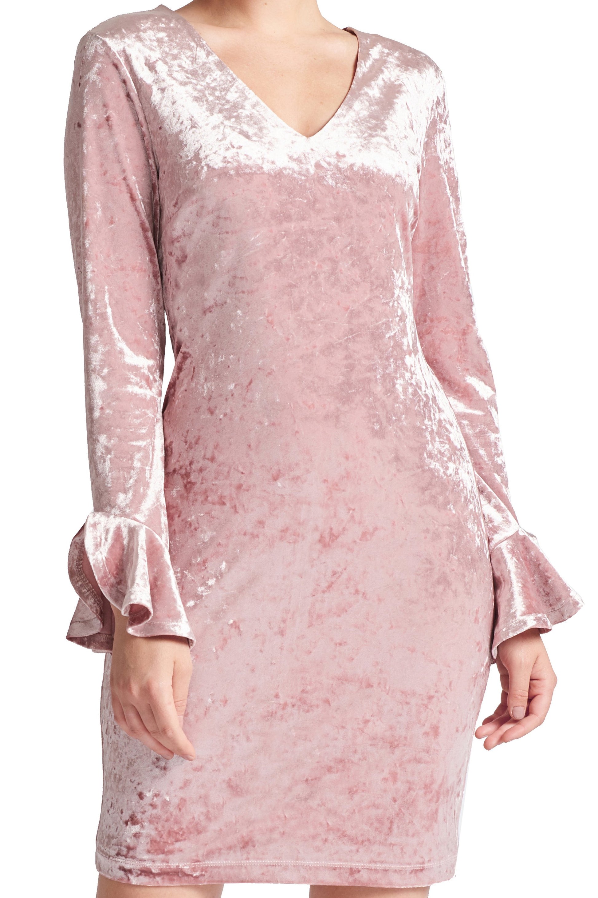 Kara Dress - Long Sleeve Crushed Velvet V-Neck Dress Adorned With Bell-Simona Maghen-10-Blush pink-Urbanheer