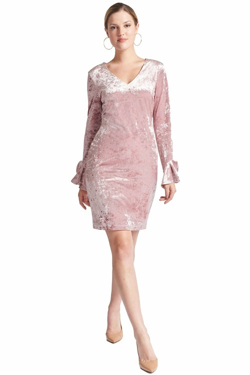 Kara Dress - Long Sleeve Crushed Velvet V-Neck Dress Adorned With Bell-Simona Maghen-14-Blush pink-Urbanheer