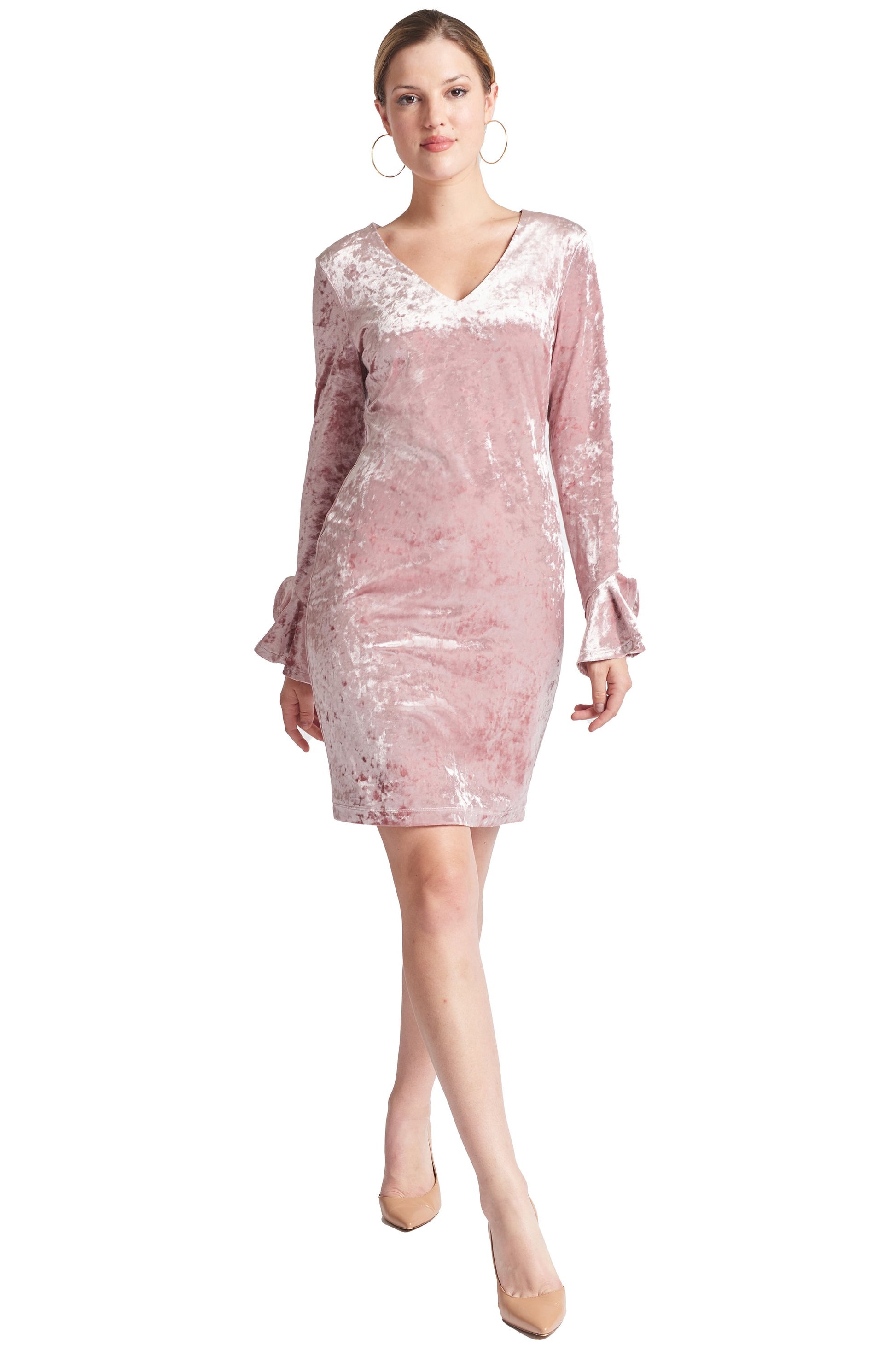 Kara Dress - Long Sleeve Crushed Velvet V-Neck Dress Adorned With Bell-Simona Maghen-10-Blush pink-Urbanheer