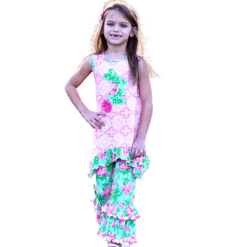 AnnLoren Big Little Girls Easter Bunny Tunic Spring Floral Ruffle Capri Pants Outfit