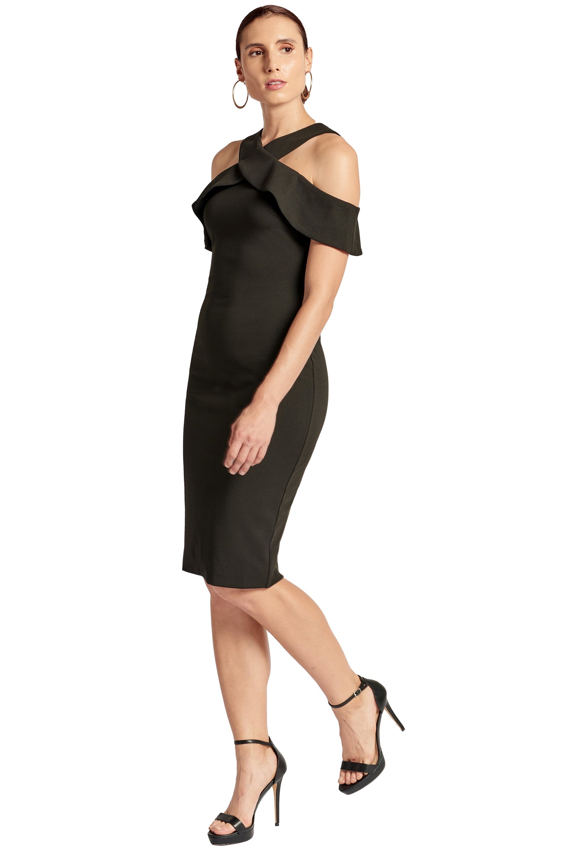 Layla Dress - Stretch Crepe Criss Cross Cut-Out Cold Shoulder Dress-Peach Dionysus-10-Black-Urbanheer