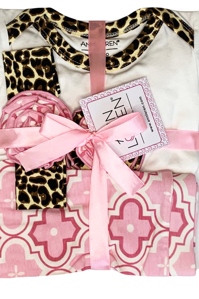 Annloren Baby Girls Layette Pink Leopard Onesie Pants Headband 3Pc Gift Set Clothing