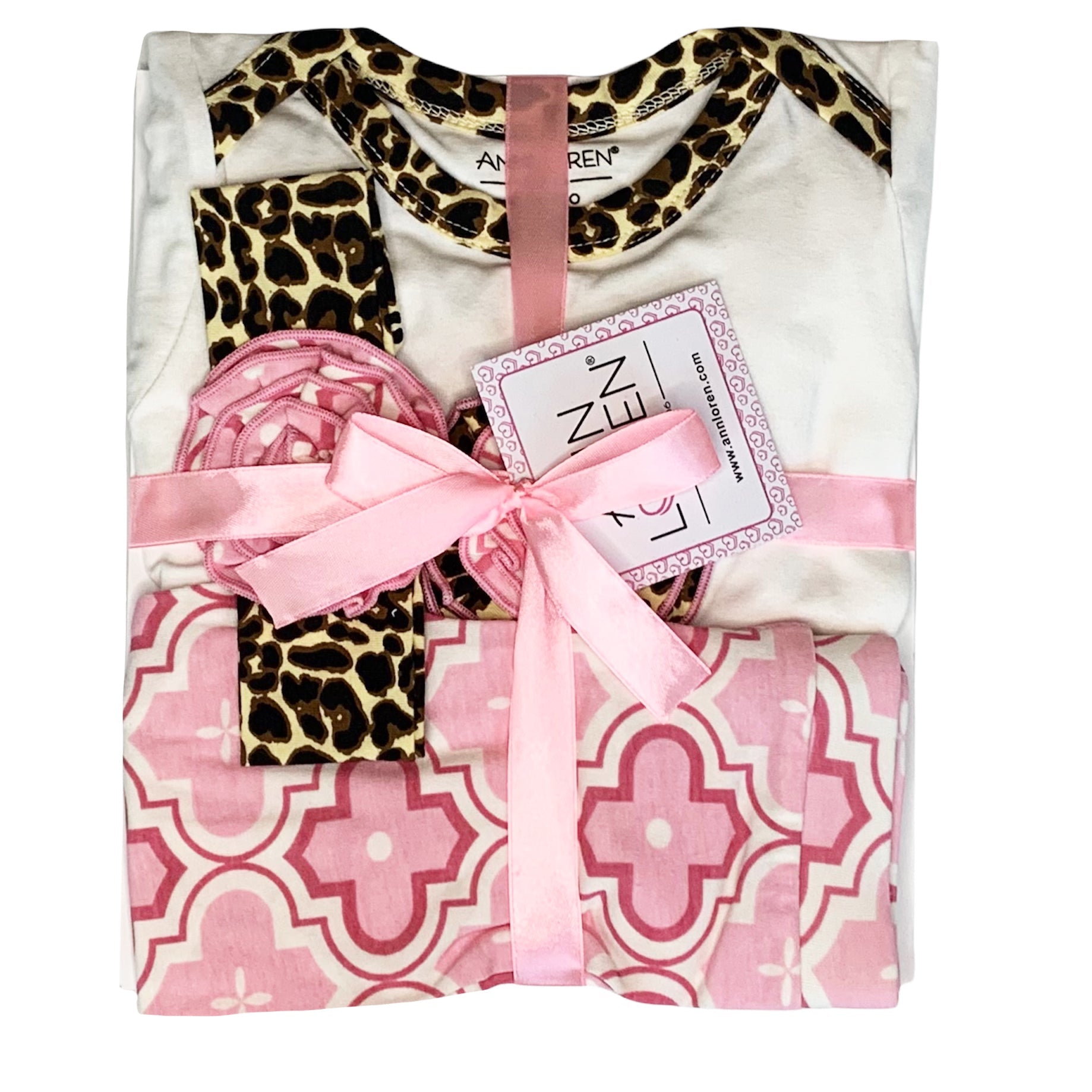 Annloren Baby Girls Layette Pink Leopard Onesie Pants Headband 3Pc Gift Set Clothing-AnnLoren-3-6 Mo-Urbanheer
