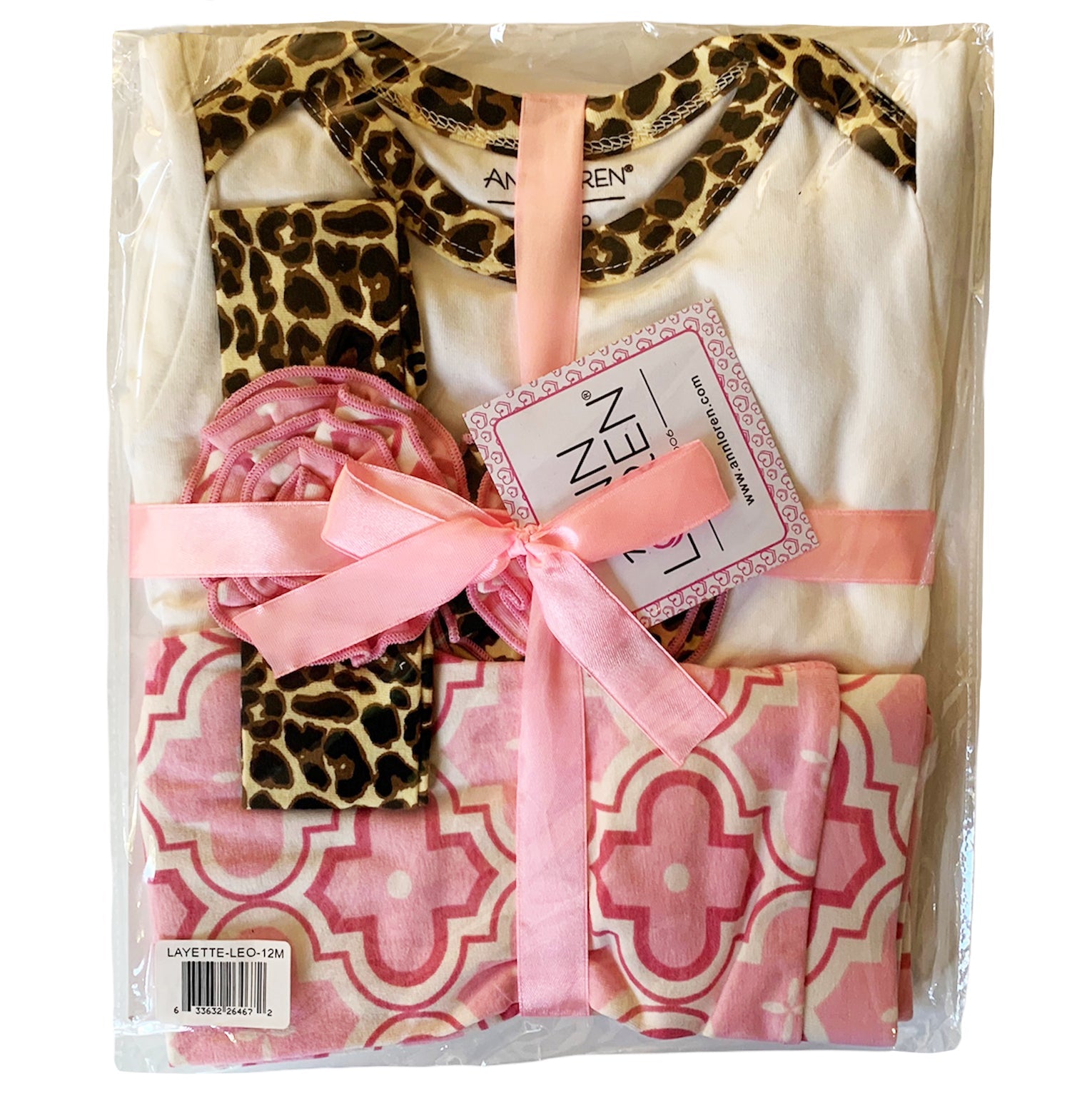 Annloren Baby Girls Layette Pink Leopard Onesie Pants Headband 3Pc Gift Set Clothing-AnnLoren-3-6 Mo-Urbanheer
