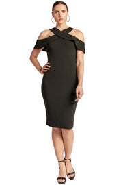 Layla Dress - Stretch Crepe Criss Cross Cut-Out Cold Shoulder Dress-Peach Dionysus-10-Black-Urbanheer