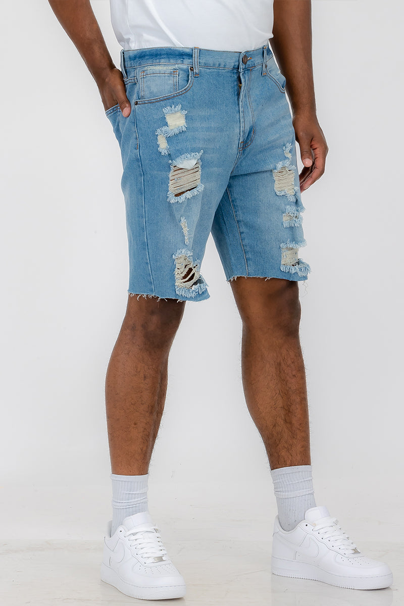 Washed Distressed Denim Shorts-WEIV -Los Angeles-Light Blue-30-Urbanheer