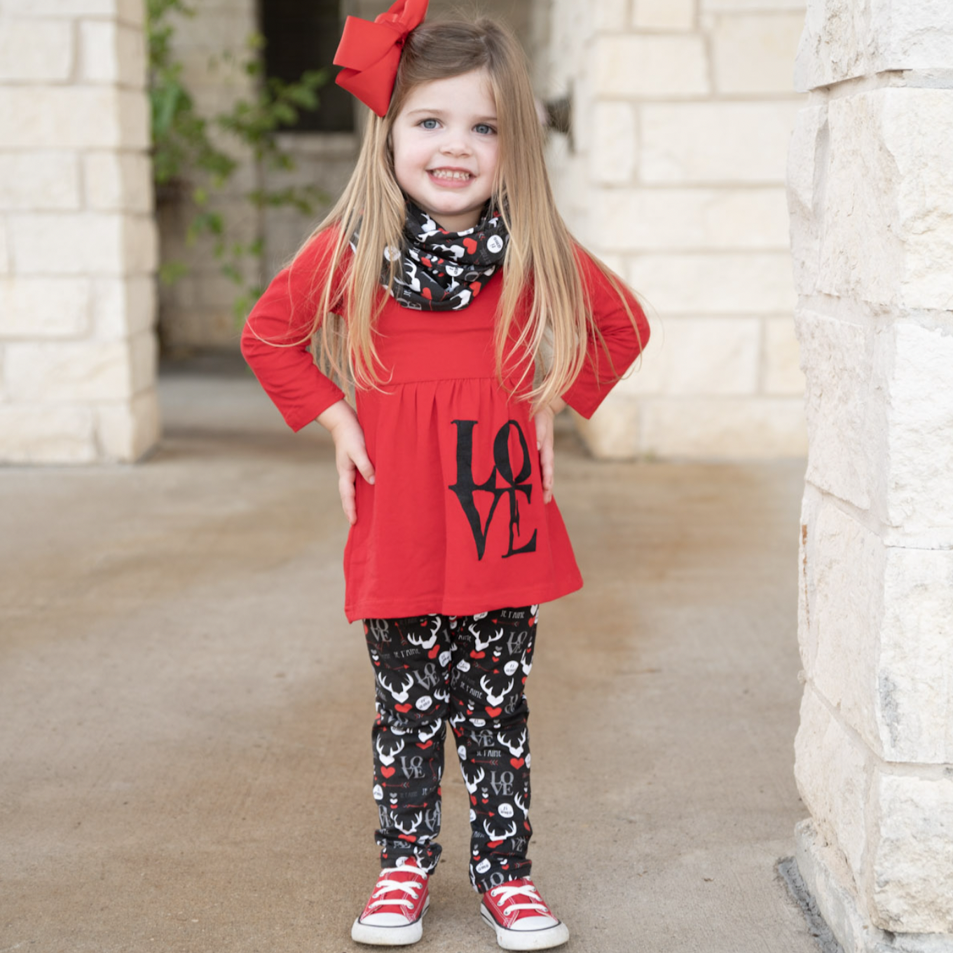 AL Limited Girls Valentine's Day LOVE Red Long Sleeve Tunic Leggings & Scarf Clothing Set-AnnLoren-12-18 mo-Urbanheer