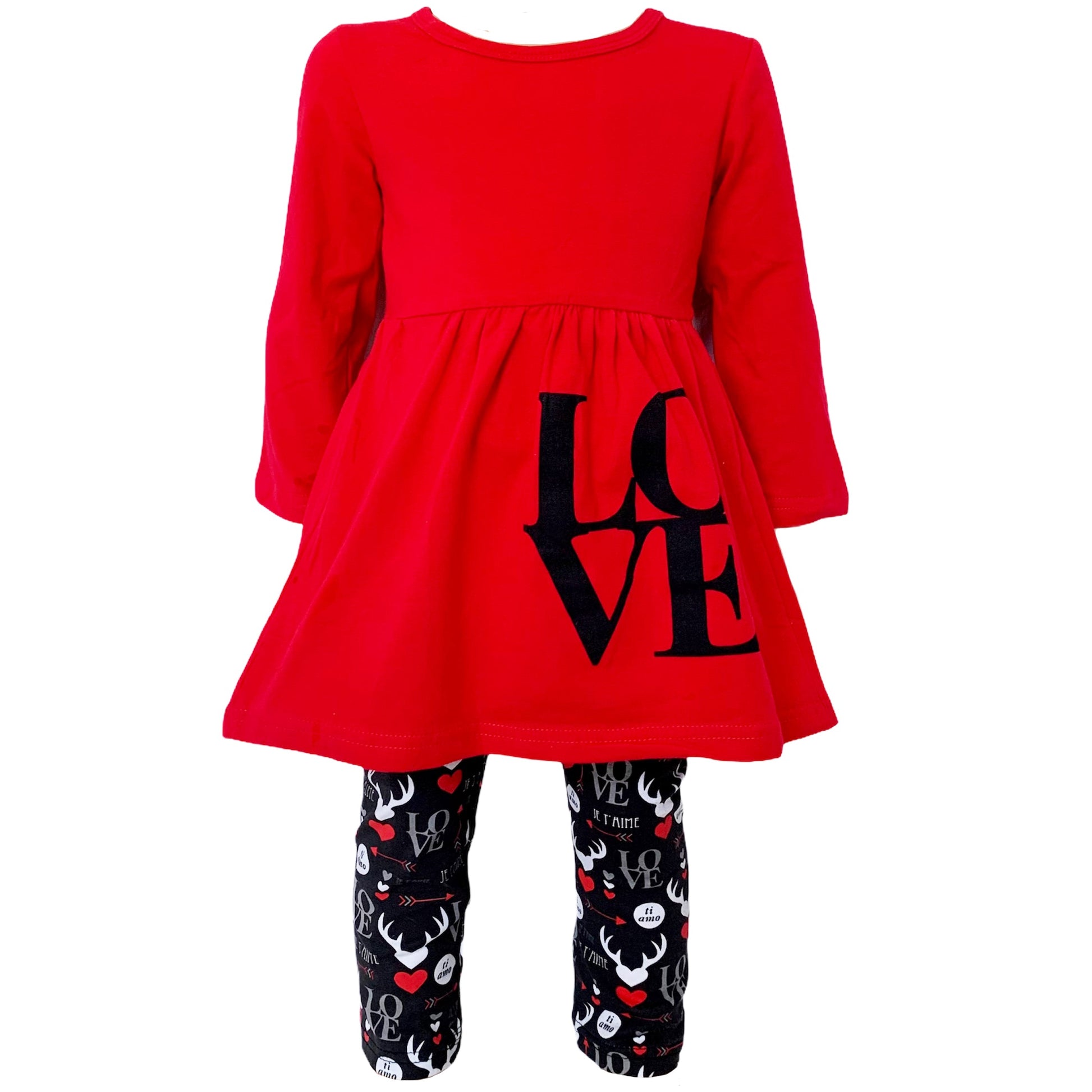 AL Limited Girls Valentine's Day LOVE Red Long Sleeve Tunic Leggings & Scarf Clothing Set-AnnLoren-12-18 mo-Urbanheer