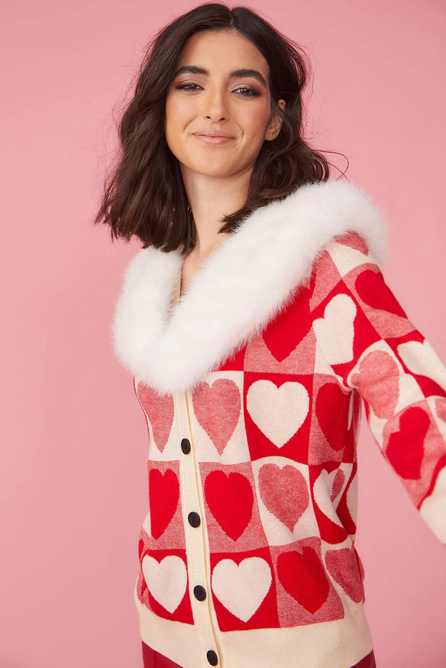 Love Heart Design Cashmere Cardigan With Fur Collar-Tops-Buy Me Fur Ltd-One Size-Red / Cream-Cashmere-Urbanheer