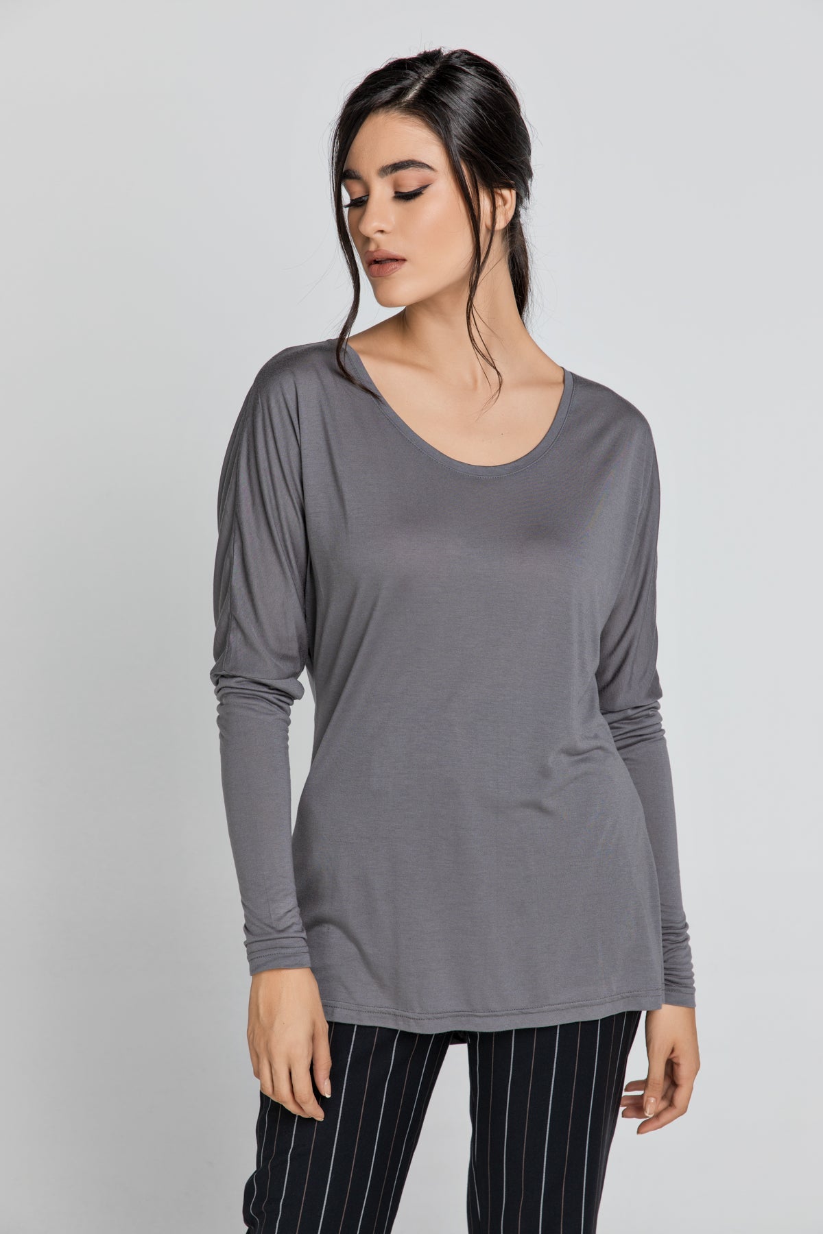 Dark Grey Top With Long Batwing Sleeves-Tops-Conquista-S-Urbanheer