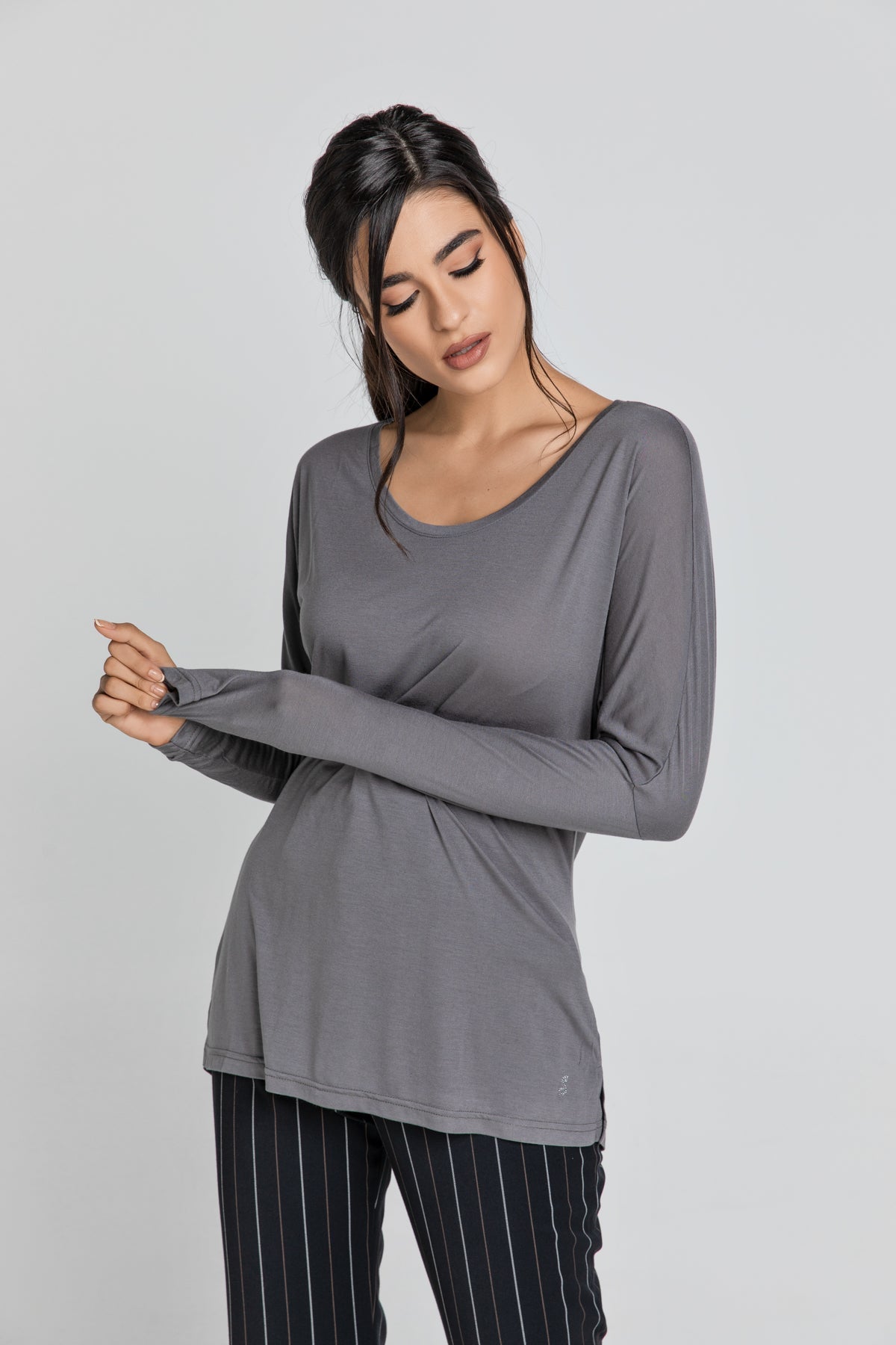 Dark Grey Top With Long Batwing Sleeves-Tops-Conquista-S-Urbanheer
