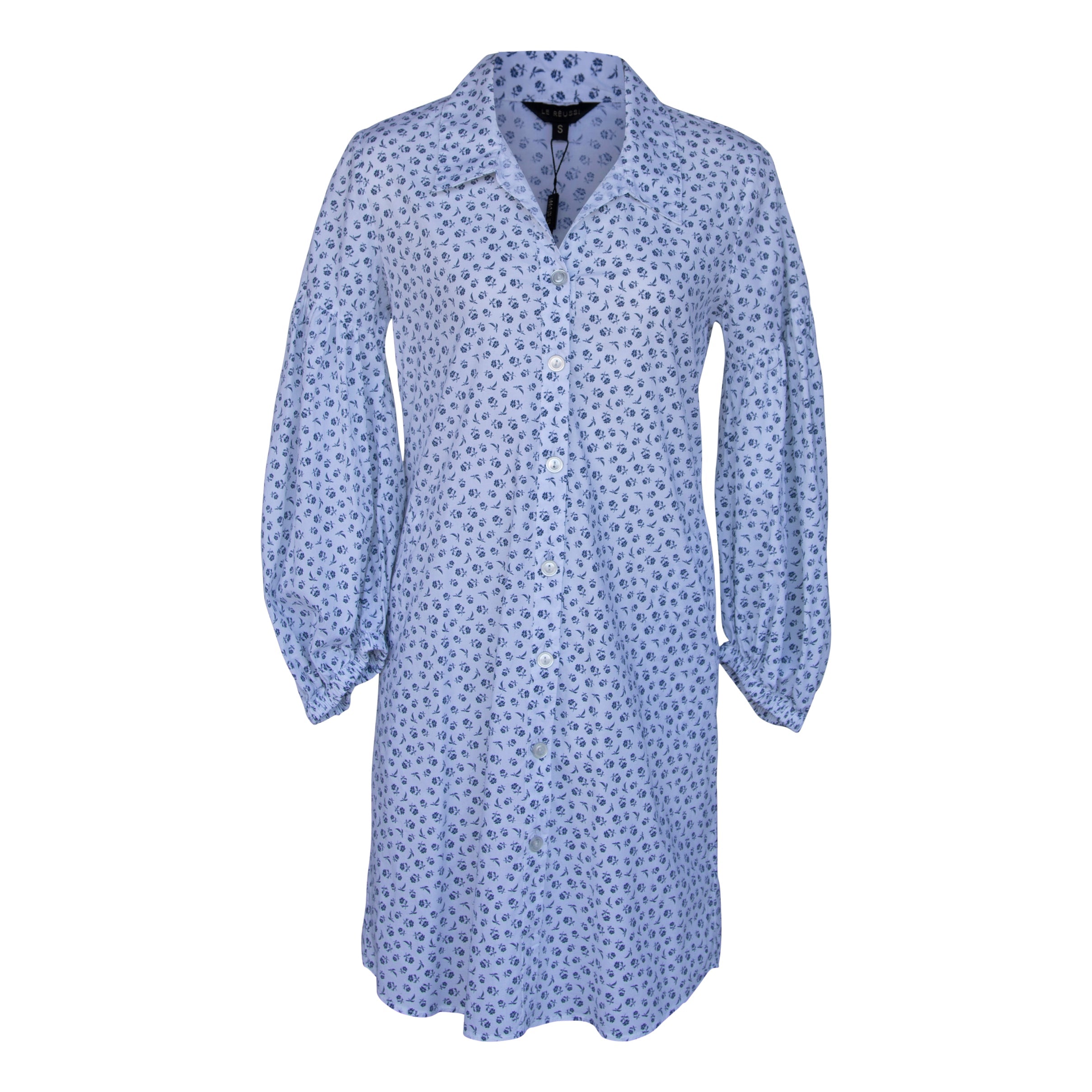Shirt Dress with Oversized Sleeves in White Floral-Le Réussi-S-white-Urbanheer