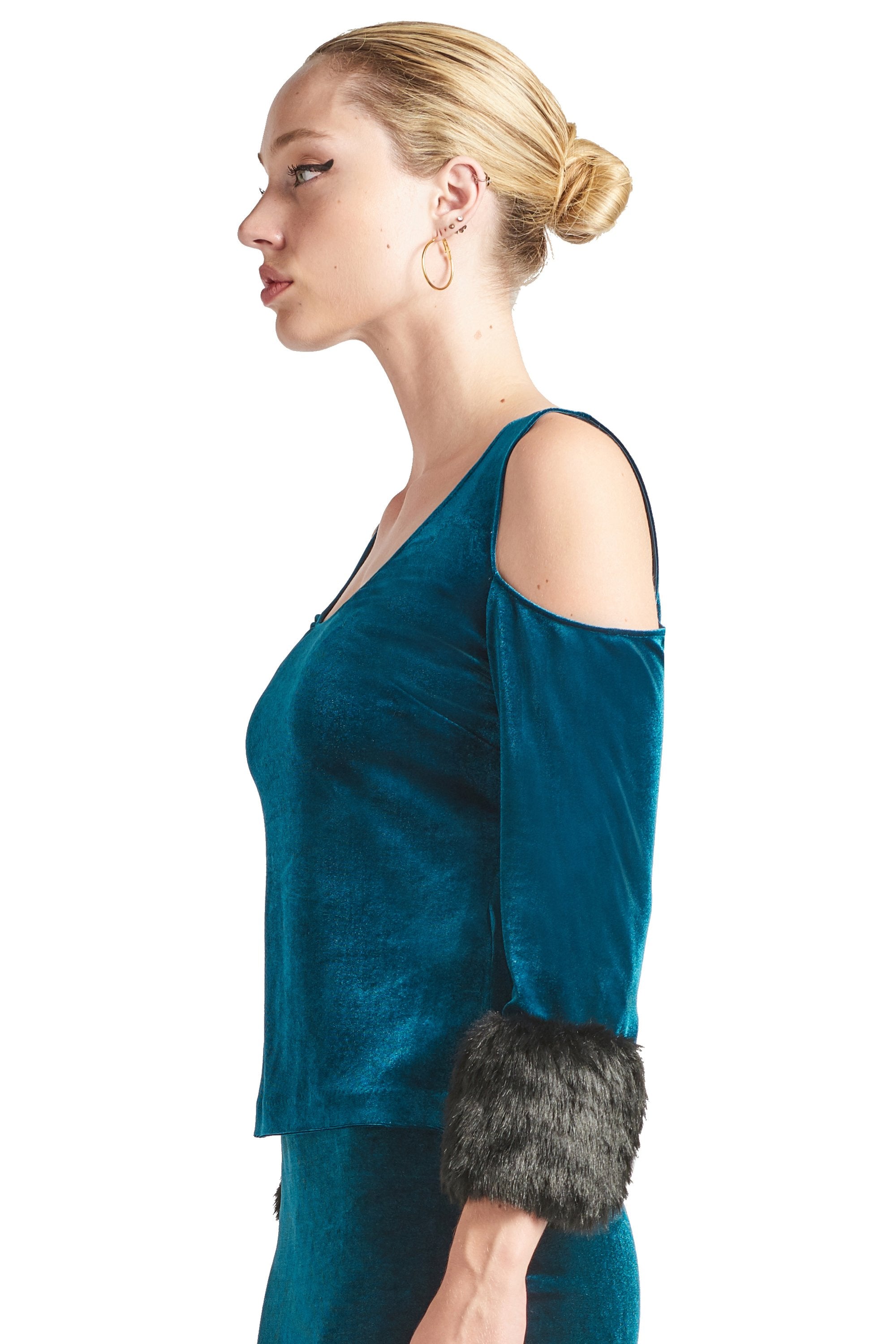 Mia Top - Velvet 3/4 Sleeve Top With Cut-Out Shoulders & Contrast Faux-Simona Maghen-L-Teal-Urbanheer