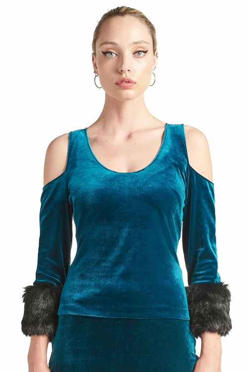 Mia Top - Velvet 3/4 Sleeve Top With Cut-Out Shoulders & Contrast Faux-Simona Maghen-L-Teal-Urbanheer