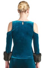 Mia Top - Velvet 3/4 sleeve top with cut-out shoulders & contrast faux