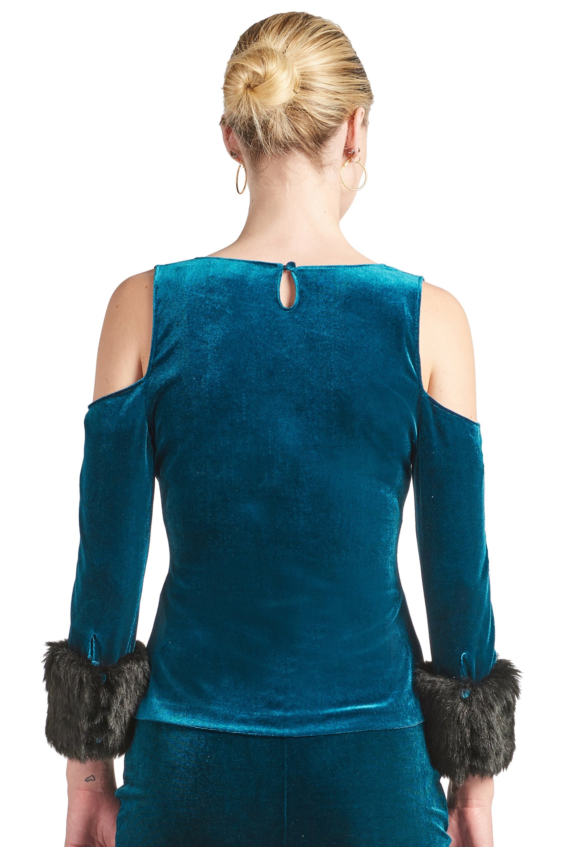 Mia Top - Velvet 3/4 Sleeve Top With Cut-Out Shoulders & Contrast Faux-Simona Maghen-L-Teal-Urbanheer
