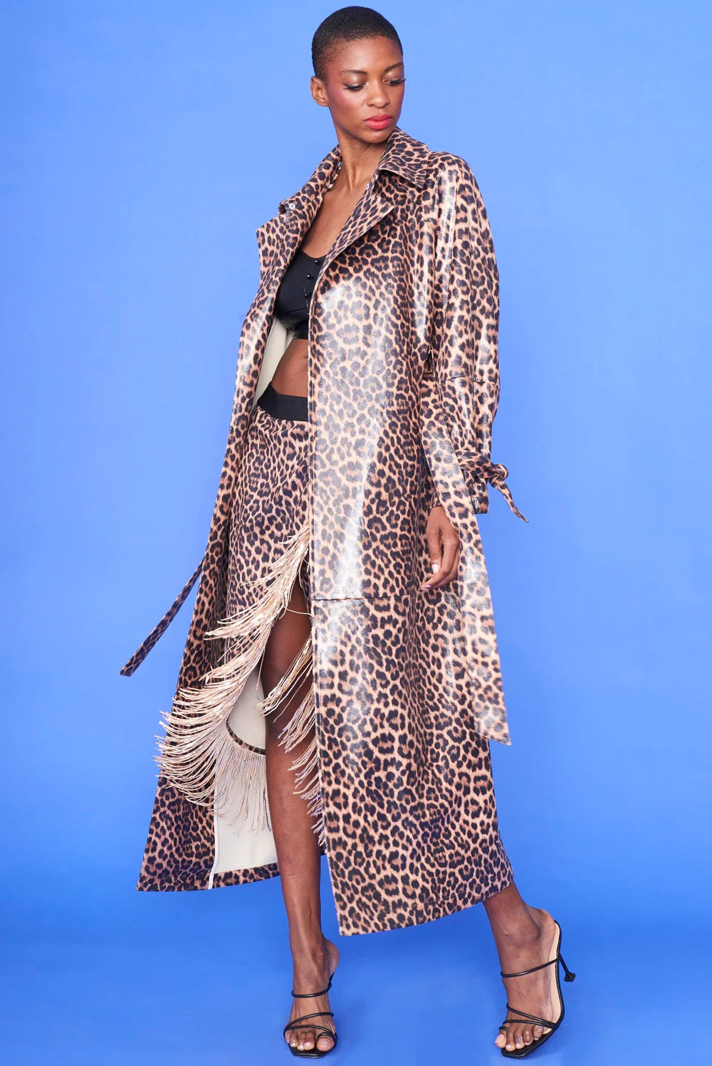 Mocha Banana Peel Eco Leather Leopard Print Trench Coat