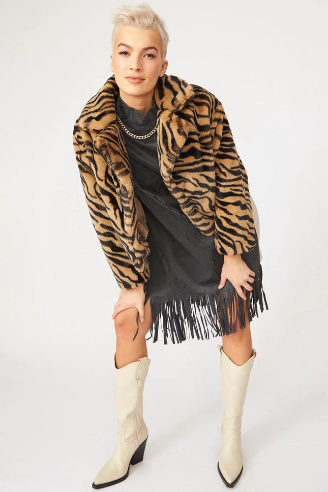 Mocha Faux Fur Cropped Tiger Print Jacket-Faux Fur Coats-Buy Me Fur Ltd-One Size-Mocha-Faux Fur-Urbanheer