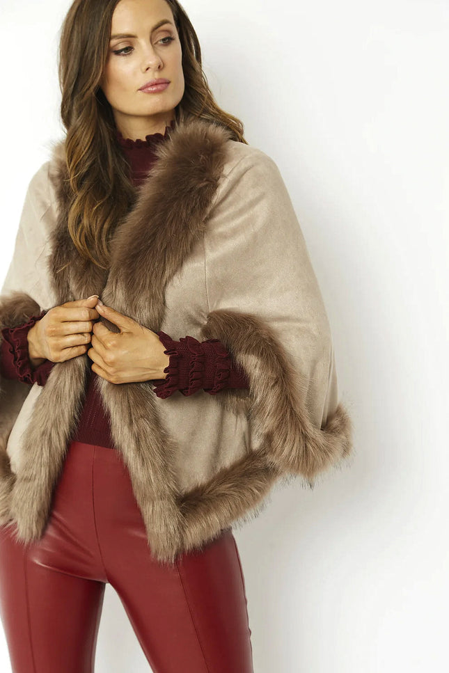 Mocha Faux Fur Suede Cape Jacket-Clothing - Women-Buy Me Fur Ltd-One Size-Mocha-Faux Suede-Urbanheer