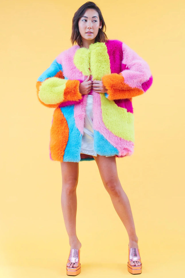Multi-Coloured Rainbow Faux Fur Coat-Faux Fur Coats-Buy Me Fur Ltd-S-M-Multicolor-Bamboo-Urbanheer