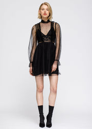 Women'S Polka Dot Mesh Smocked Neck Flare Dress In Black-Lemon Hera-L-Black-Urbanheer