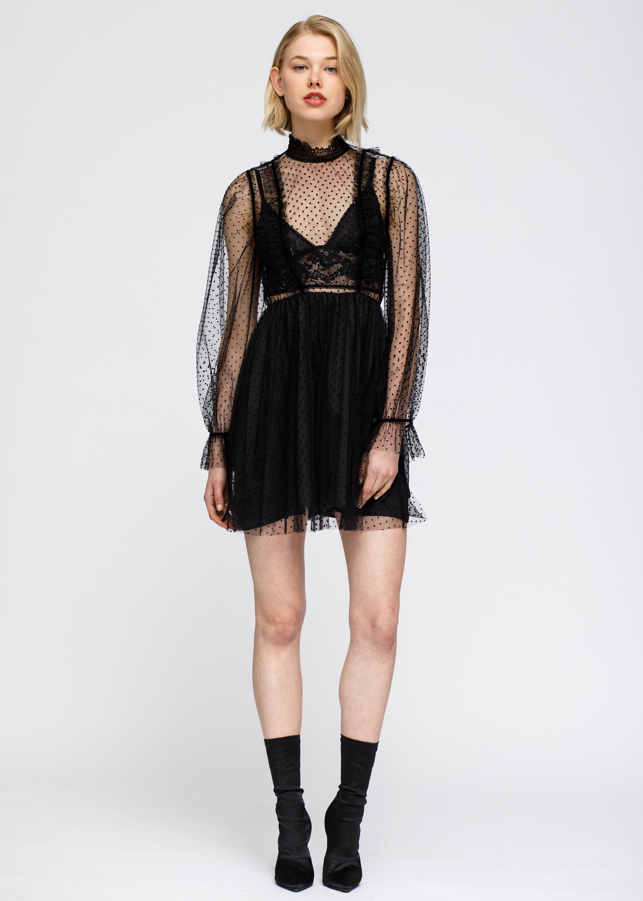 Women'S Polka Dot Mesh Smocked Neck Flare Dress In Black-Lemon Hera-L-Black-Urbanheer