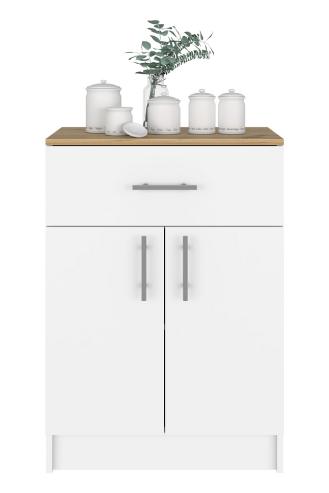 Netal Pantry Cabinet, One Drawer, One Double Door Cabinet With Two Shelves, White And Light Oak Finish-We Have Furniture-Urbanheer