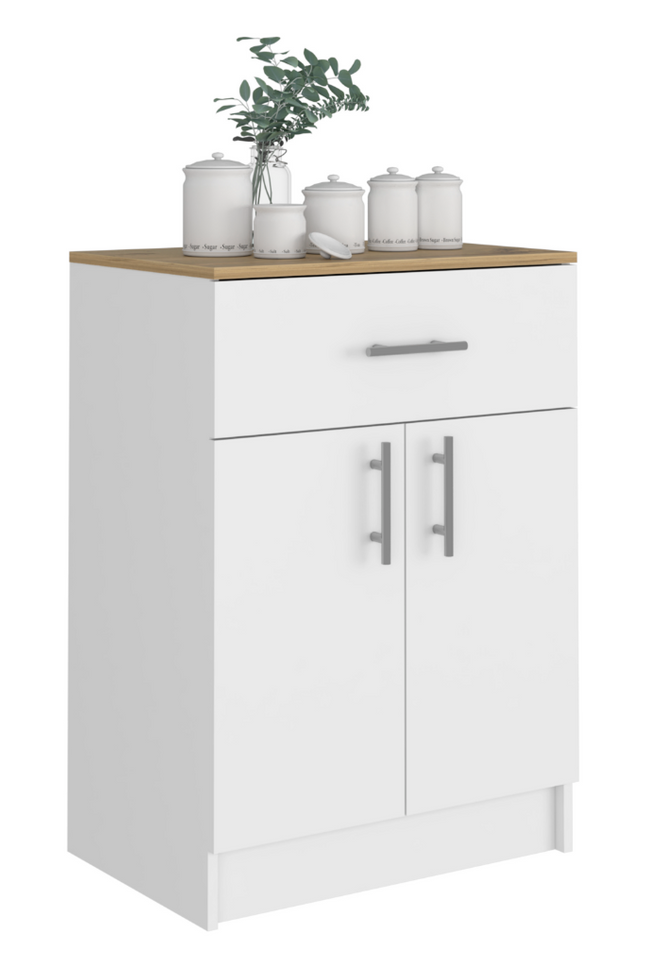Netal Pantry Cabinet, One Drawer, One Double Door Cabinet With Two Shelves, White And Light Oak Finish-We Have Furniture-Urbanheer