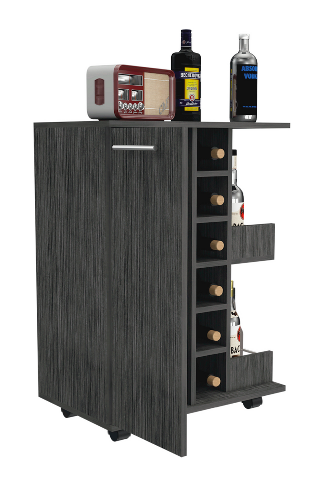 Tennessee Bar Cart, Two External Shelves, Four Casters, Six Wine Cubbies, Single Door Cabinet, Smoky Oak Finish-We Have Furniture-Urbanheer
