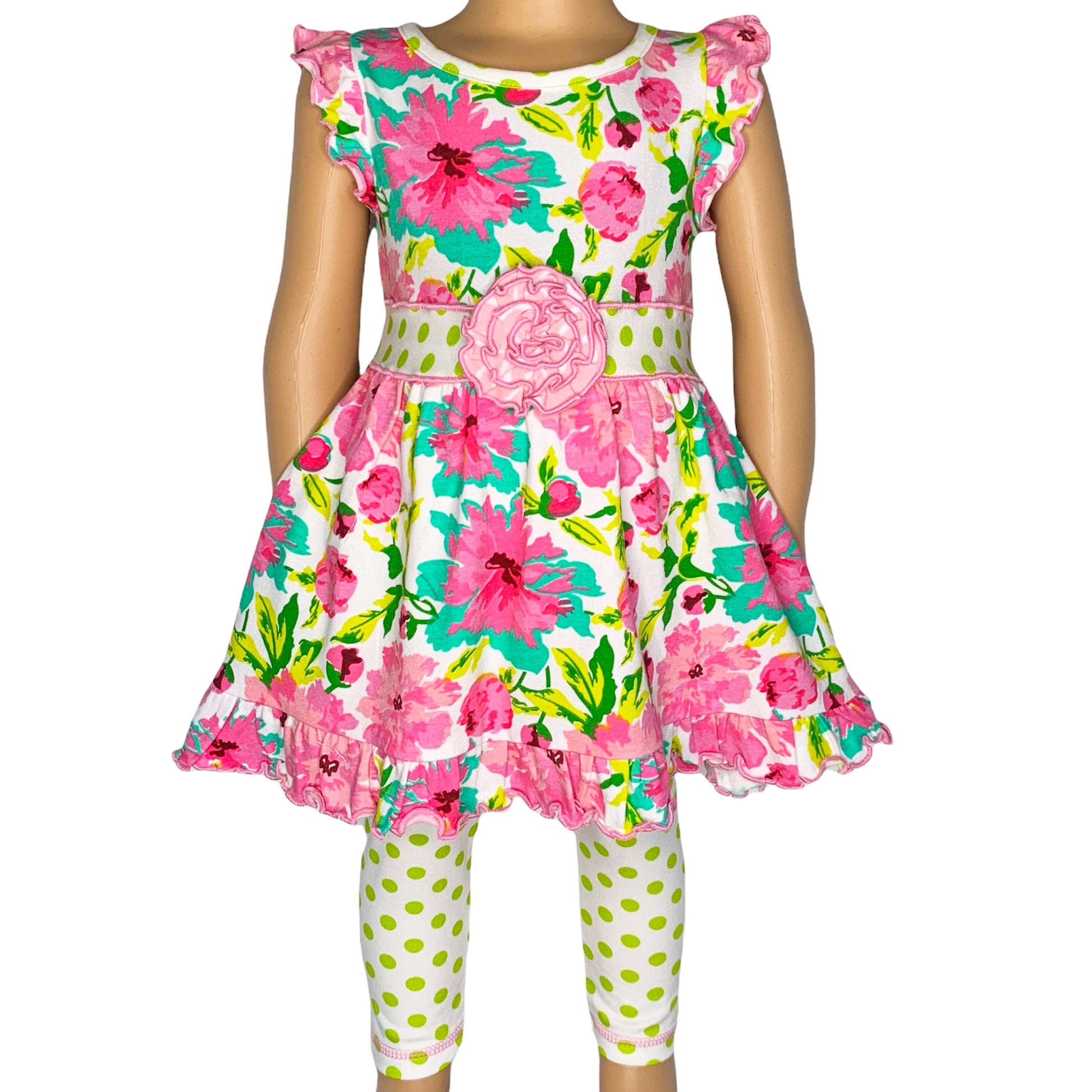 AnnLoren Little & Big Girls Spring Floral Dress Polka Dot Capri Leggings-AnnLoren-9-10-Urbanheer