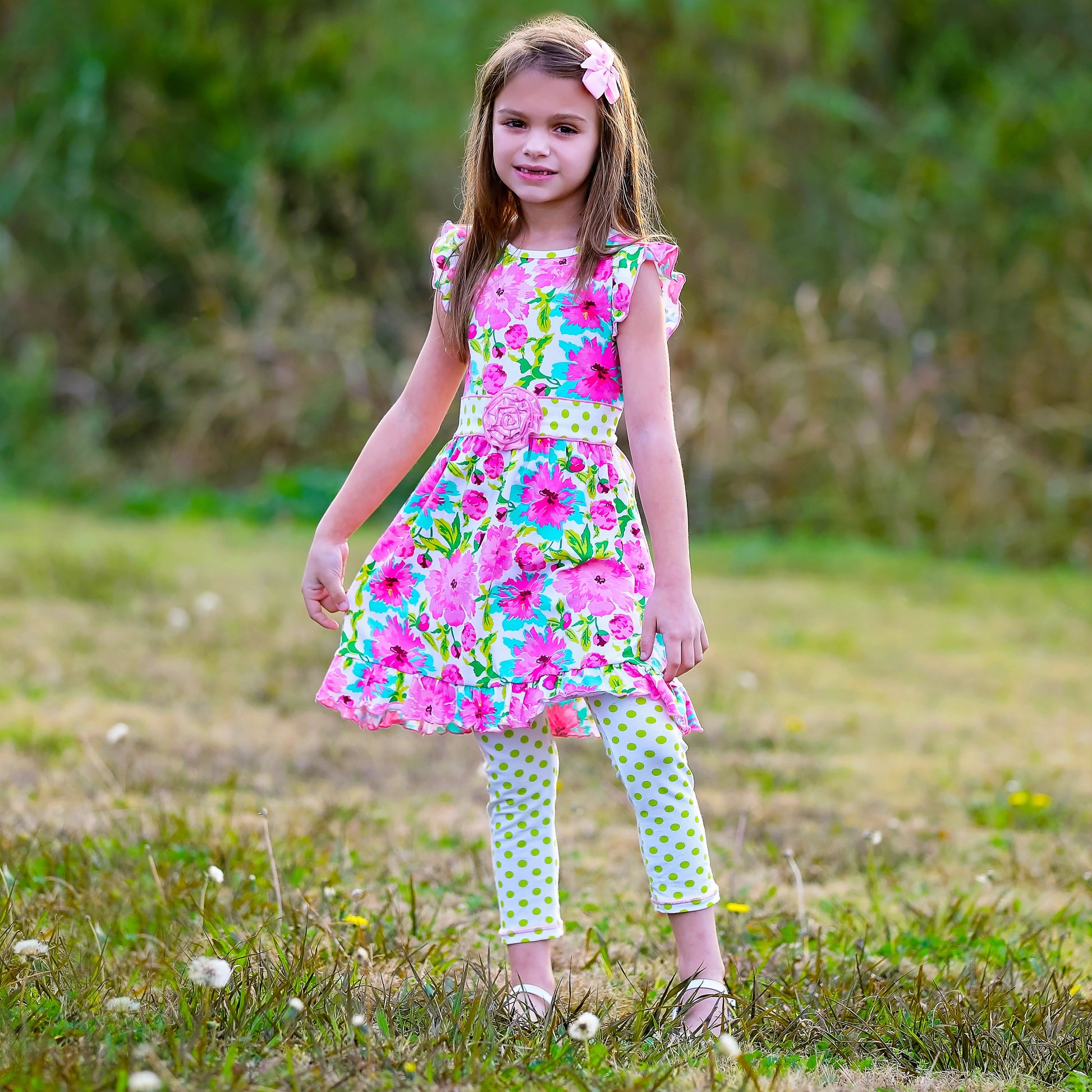 AnnLoren Little & Big Girls Spring Floral Dress Polka Dot Capri Leggings-AnnLoren-9-10-Urbanheer
