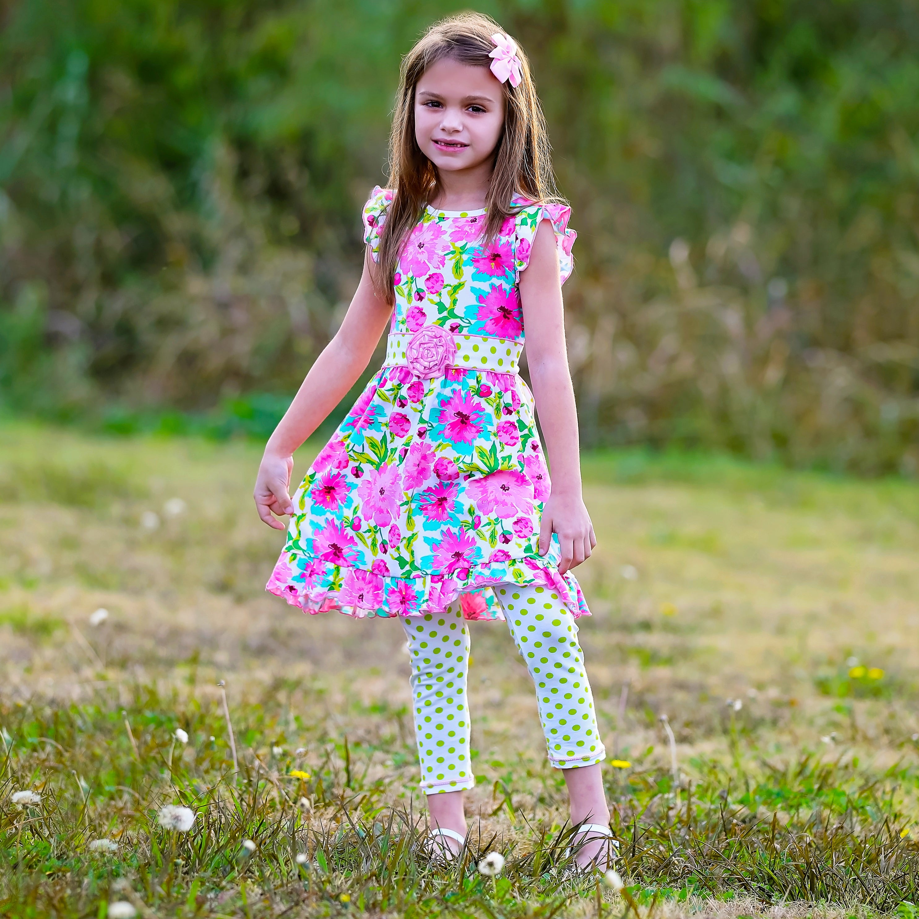 AnnLoren Little & Big Girls Spring Floral Dress Polka Dot Capri Leggings-AnnLoren-9-10-Urbanheer