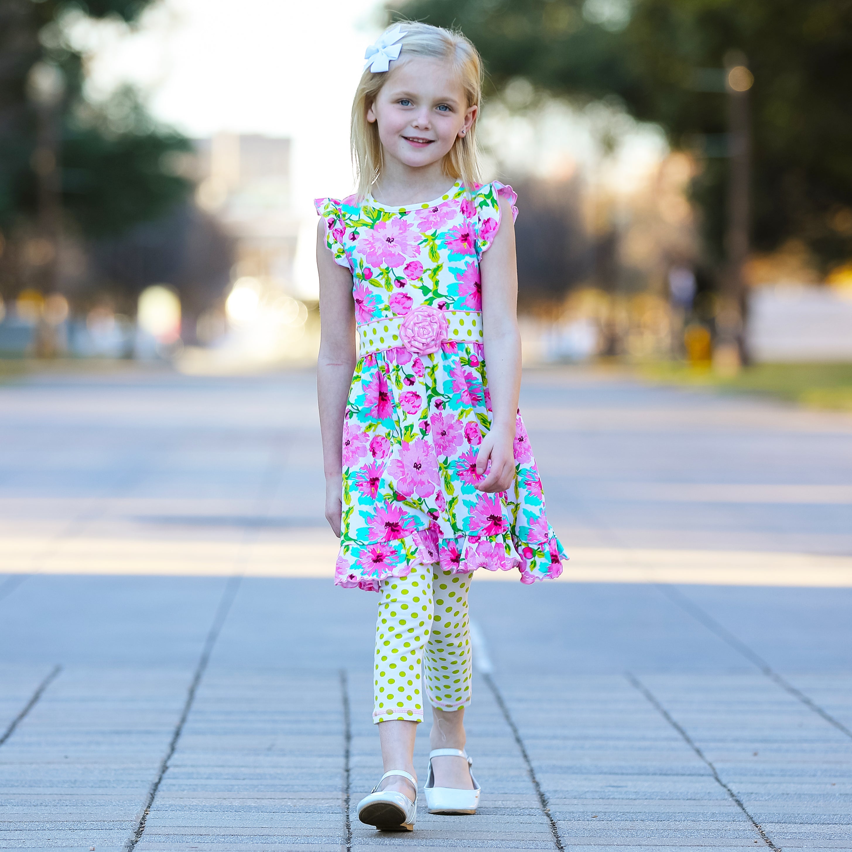 AnnLoren Little & Big Girls Spring Floral Dress Polka Dot Capri Leggings-AnnLoren-9-10-Urbanheer