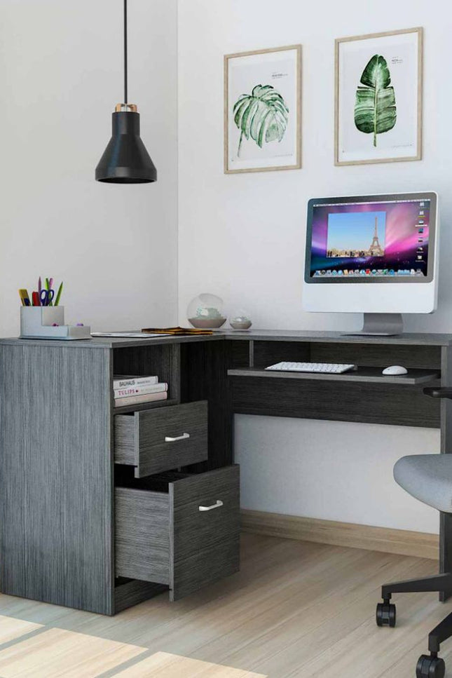Bradford L Shaped Desk, Keyboard Desk, Smokey Oak Finish-We Have Furniture-Urbanheer